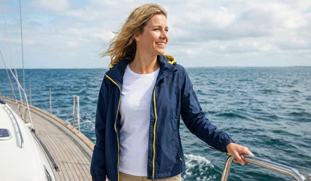 Woman on a whale watching tour dress appropriately for ocean wind.