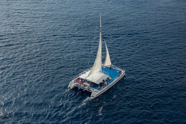Catamaran boat sailing of the shore of Maui to engage in a whale watching tour.