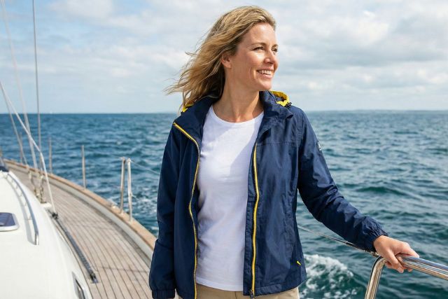 Woman feeling comfortable during Maui whale watching in January because of the blue jacket she is wearing.