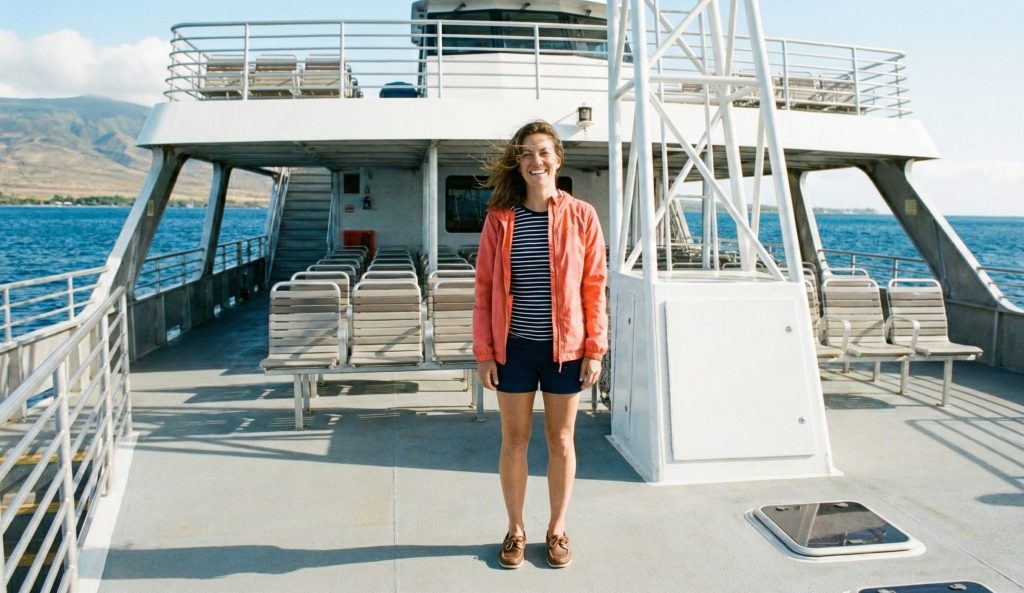 Woman on a boat deck wearing cute, yet appropriate clothing.